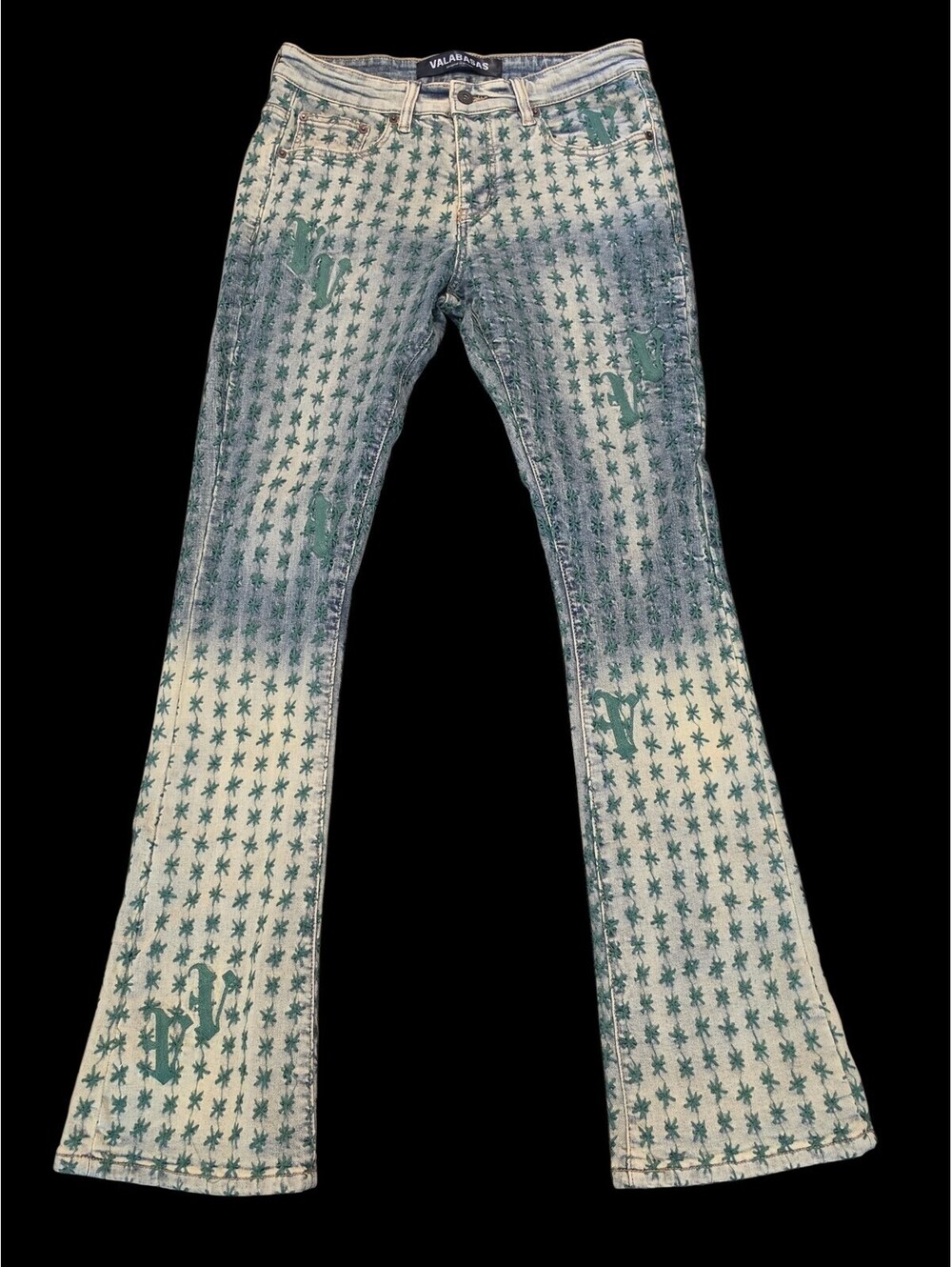 Valabasas Jeans Mens 32x35 "ASTERISK" STACKED FLARE BLUE/GREEN